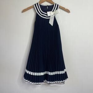 Bonnie Jean Navy Pleated Dress Sailor Collar Bow Size 8 Nautical Classic Preppy